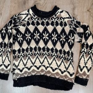 FIND Fair Isle Nordic Chic Hand Loomed Vintage Black & White Wool Knit Sweater